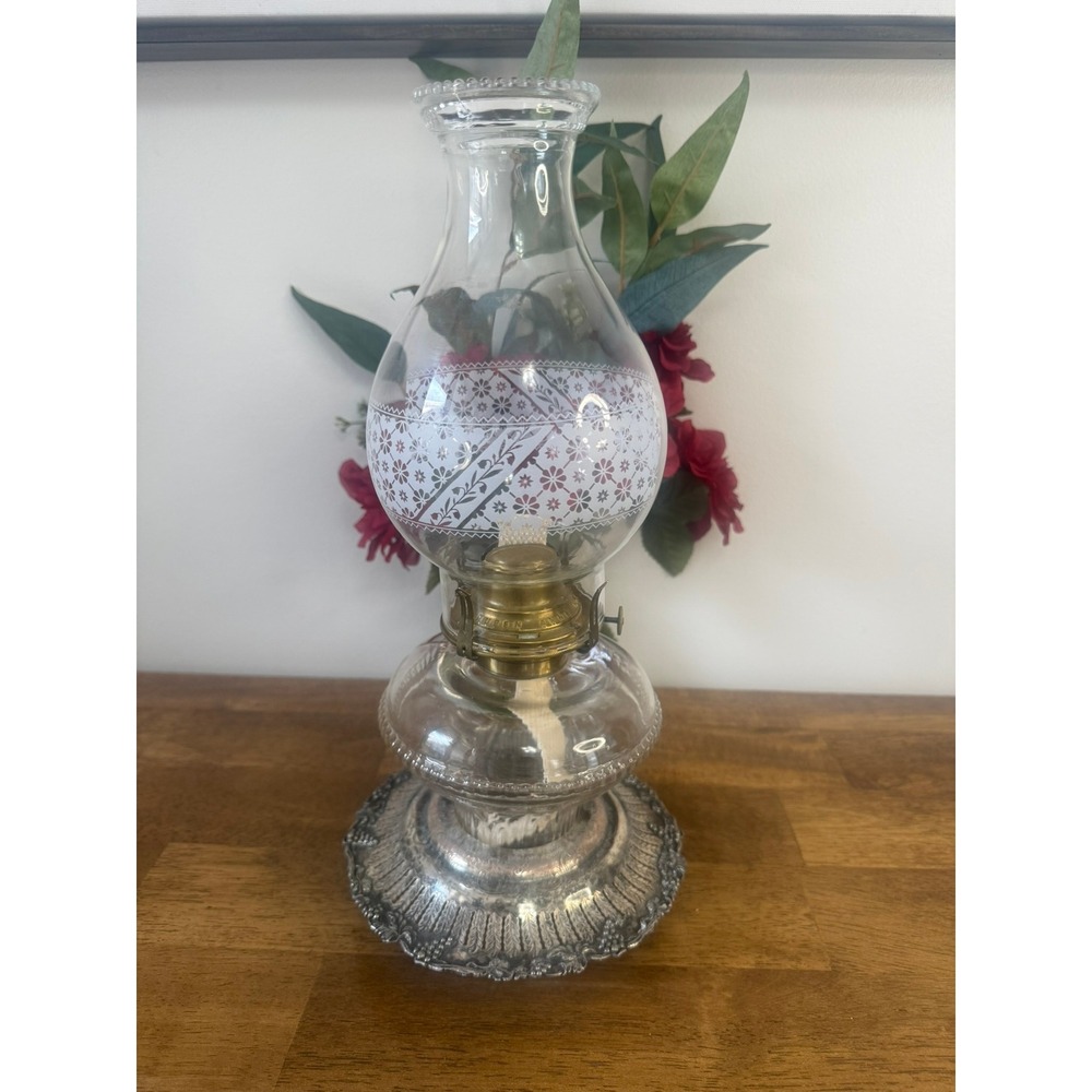 Antique UV Reactive Glass Oil Lamp Queen Anne No 2 Etched Globe Silverplate